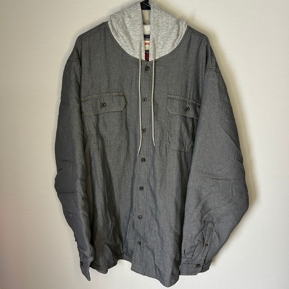 Wrangler Authentics Mens 2XL Gray Flannel Lined Hooded Shirt Jacket Utility Work